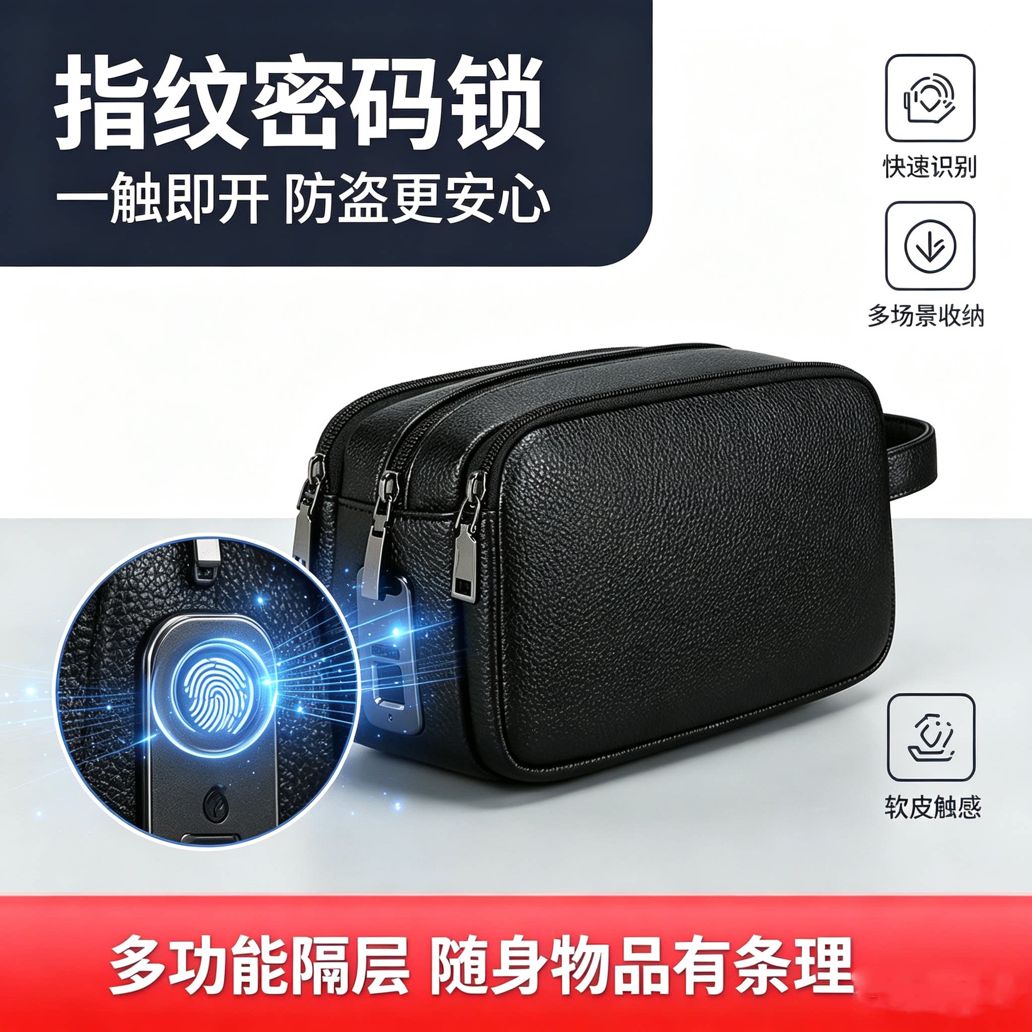 指纹密码锁手拿包软皮多隔层手包
