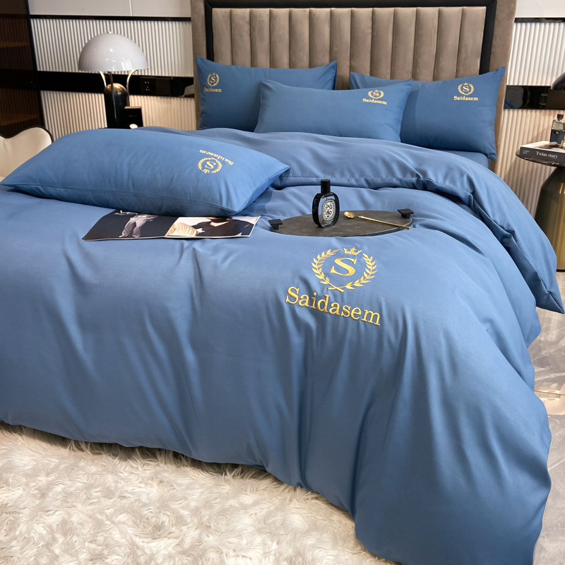 欧式新款纯色双拼水洗棉四件套男女款磨毛床单被套刺绣简约轻奢风