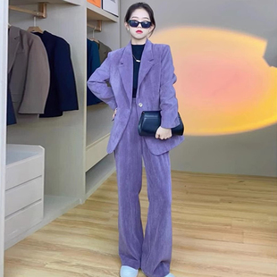 休假中秋季套装女新款时尚个性紫色小香风灯芯绒西装中高腰裤促销