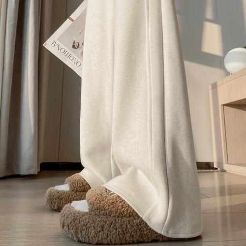 2025秋冬新款时尚个性气质米白色加绒醋酸羊毛窄版糯米阔腿拖裤女