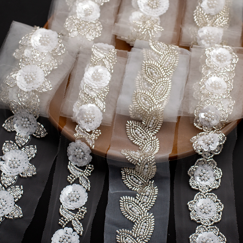 重工珍珠珠管绣网纱刺绣蕾丝花边