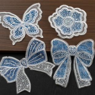 大号欧根纱珠绣蓝色蝴蝶结 蕾丝网纱亮片布贴 手工服装辅料