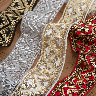 宽4.5cm金银线双边网纱民族风刺绣花边 国风蕾丝辅料 DIY手工服装