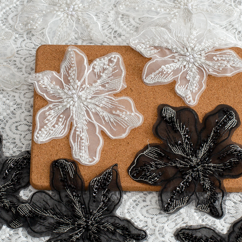 MAMASA立体黑白珍珠绣花朵布贴