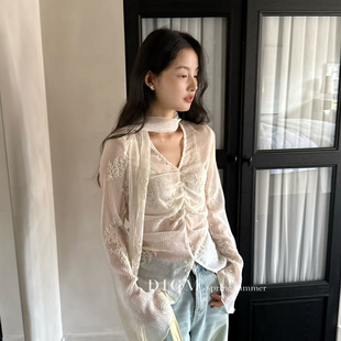 飘带不可拆 LWS 纯色绣花别致飘带领设计收腰显瘦小衫