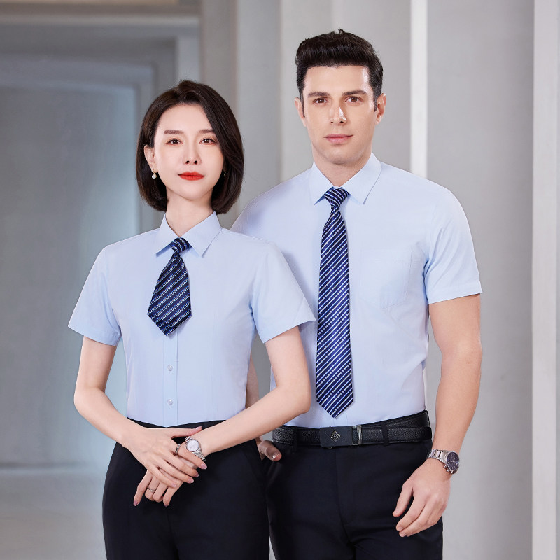 兴业银行工作服女浅蓝色衬衫短袖斜纹夏季职业商务面试白衬衣正装图片