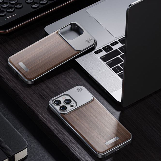 2025年爆款适用苹果iPhone16Promax木纹香薰铝合金属无边框15pro磁吸手机壳14胡桃木防摔新款裸机手感16pro