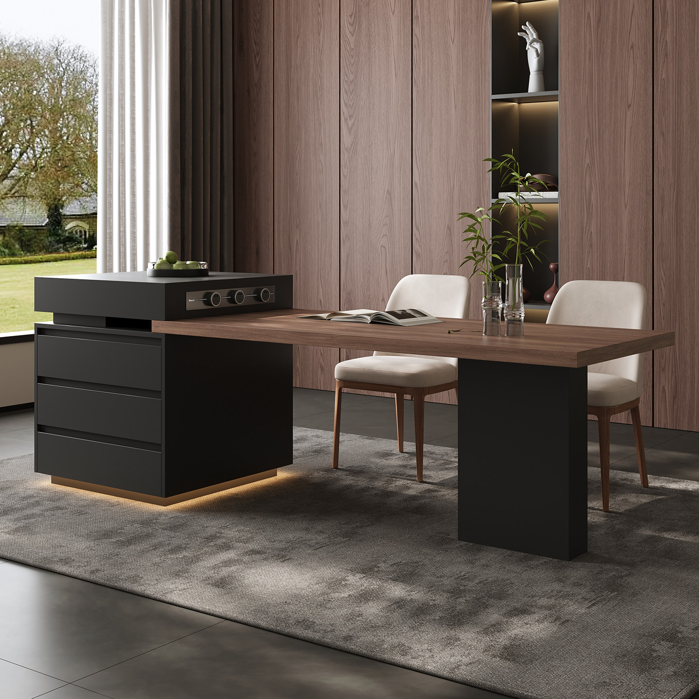 黑色意式极简岩板岛台家用新款木纹岩板餐桌一体可伸缩可定制尺寸,住宅家具,岛台餐桌,淘宝优惠券,粉丝福利购,淘宝优惠卷