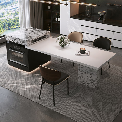 简桌2025新款意式轻奢岩板岛台餐桌一体小户型家用可伸缩中岛台