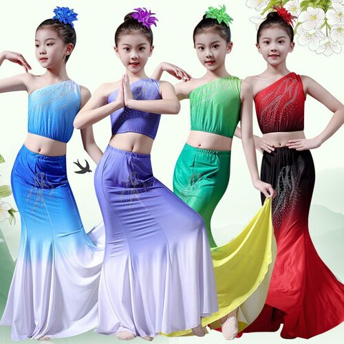 儿童傣族舞蹈服装女孔雀舞演出少儿鱼尾裙包臀大摆半裙舞蹈练习裙