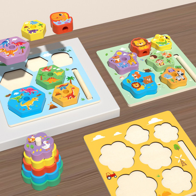 蒙氏动物拼图套柱彩虹塔儿童玩具