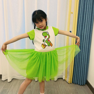 女童夏季连衣裙恐龙衣服女宝姐妹装女一大一小儿童绿色蓬蓬纱裙