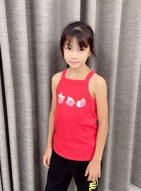 5-14岁F21牌子女童背心外穿红色上衣吊带儿童无袖t恤玉桂狗衣服