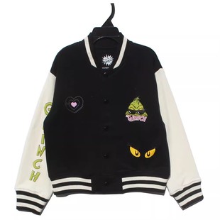 707瑕疵160高The Grinch绿毛怪儿童棒球服黑色开衫簿绒外套
