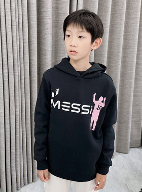 梅西周边Messi外贸出口欧美原单黑色卫衣男童薄绒儿童连帽卫衣