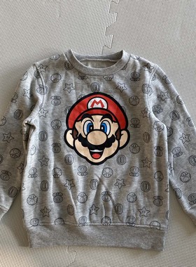 S断码110高出口尾单儿童春秋季簿绒灰色卫衣 男孩马里奥套头上衣