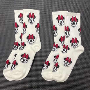 外贸原单尾货袜子女款中筒米老鼠袜子米妮大童秋袜白色少女袜子