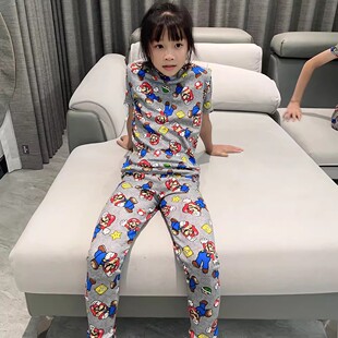 瑕疵110-130马里奥super mario儿童睡衣短袖长裤纯棉弹力兄妹装