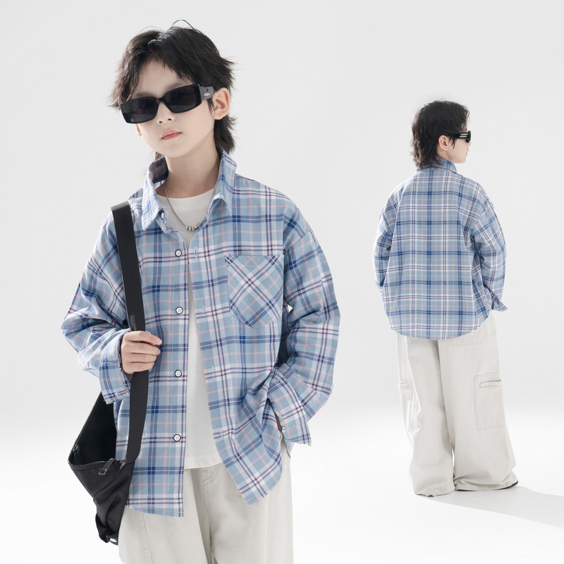 开学季丨春秋男童衬衫纯棉长袖格纹个性衬衣外套中大童上衣百搭