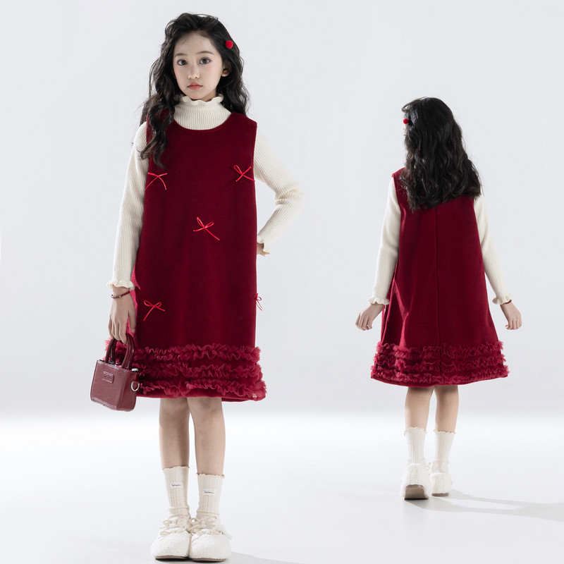 冬装新款女童加绒背心裙毛衣拜年服套装儿童中大童新年加厚两件套