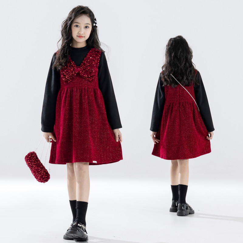 冬装新款女童加绒背心裙毛衣拜年服套装中大童装新年加厚两件套