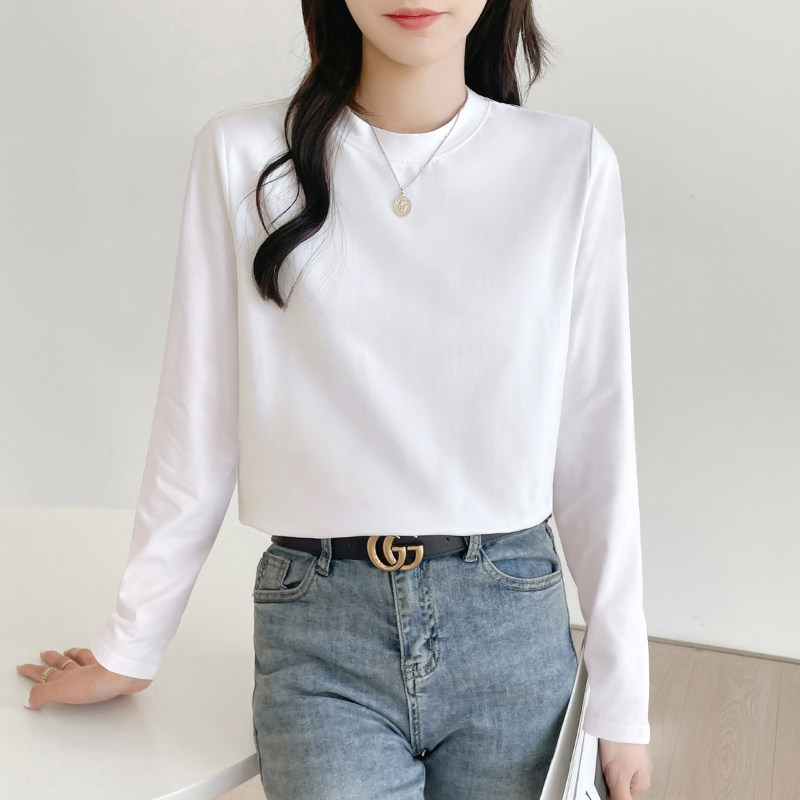 白色拼接半高领长袖t恤女宽松2025秋冬新款加绒内搭小领口打底衫