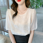 女装 设计感泡泡袖 大码 新款 独特别致雪纺上衣 圆领蕾丝t恤2025夏季