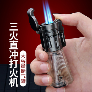 雷曼新款三冲打火机直冲充防风打火机冲火点雪茄可视气体精品火机