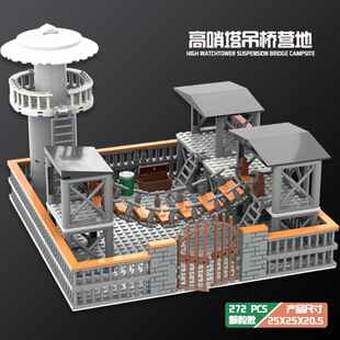 中国军事监狱营地哨塔防空洞场景男孩子益智人仔儿童拼装积木玩具