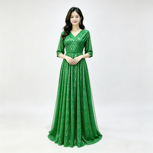 新款亮片大合唱演出服女长裙主持人艺考红歌比赛古筝表舞台演服装