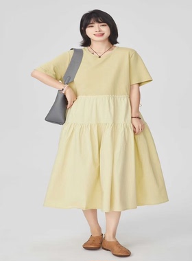 翠色嘉人2026夏季新款时尚简约大码法式拼接女短袖连衣裙女85018