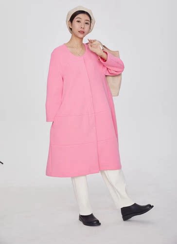 紫布语显瘦中长款圆领单排扣风衣