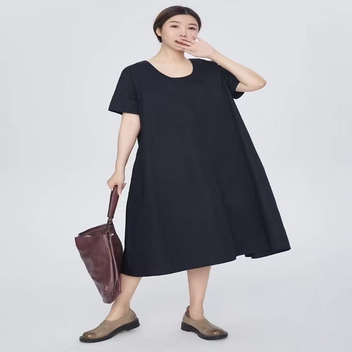 紫布语2026夏季新款时尚简约圆领宽松休闲女中长款棉布连衣裙3507