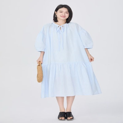 紫布语2026夏季新款通勤文艺休闲大码女领口可系带显瘦连衣裙3599