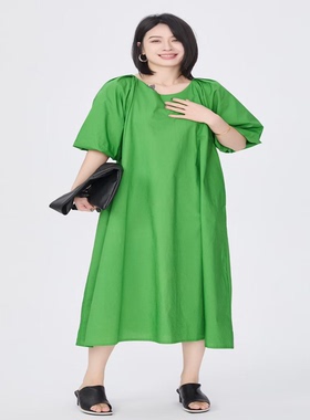 紫布语2026夏季新款通勤文艺休闲大码圆领灯笼袖法式连衣裙女671