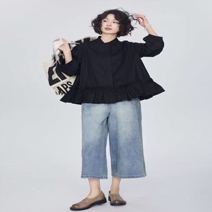 翠色嘉人2025秋季新款时尚简约下摆花边设计纯棉女上衣衬衫f85013