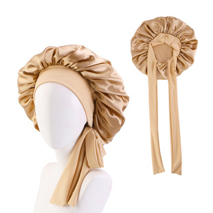 女士烫发长发护发帽睡觉防掉发 纯色洗漱美容帽弹力飘带宽边圆帽