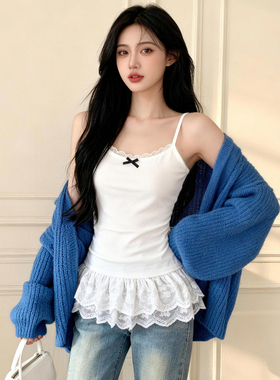 纯棉白色蕾丝吊带背心女显瘦内搭新款花边下摆修身叠穿打底上衣夏