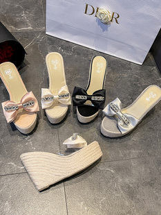 女 蝴蝶结水钻透明拖鞋 10CM坡跟高跟鞋 防水台松糕厚底麻绳鱼嘴凉鞋