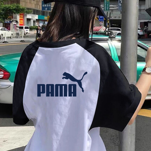 时尚撞色纯棉短袖t恤女夏新款宽松落肩拼接设计休闲慵懒风上衣潮