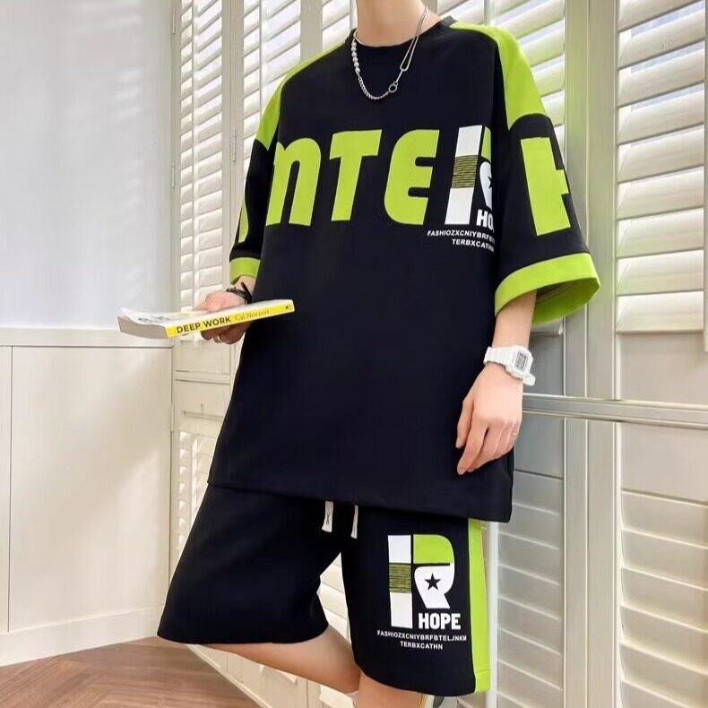 青少年夏季撞色休闲运动套装学生短袖短裤潮流帅气两件套大码夏装