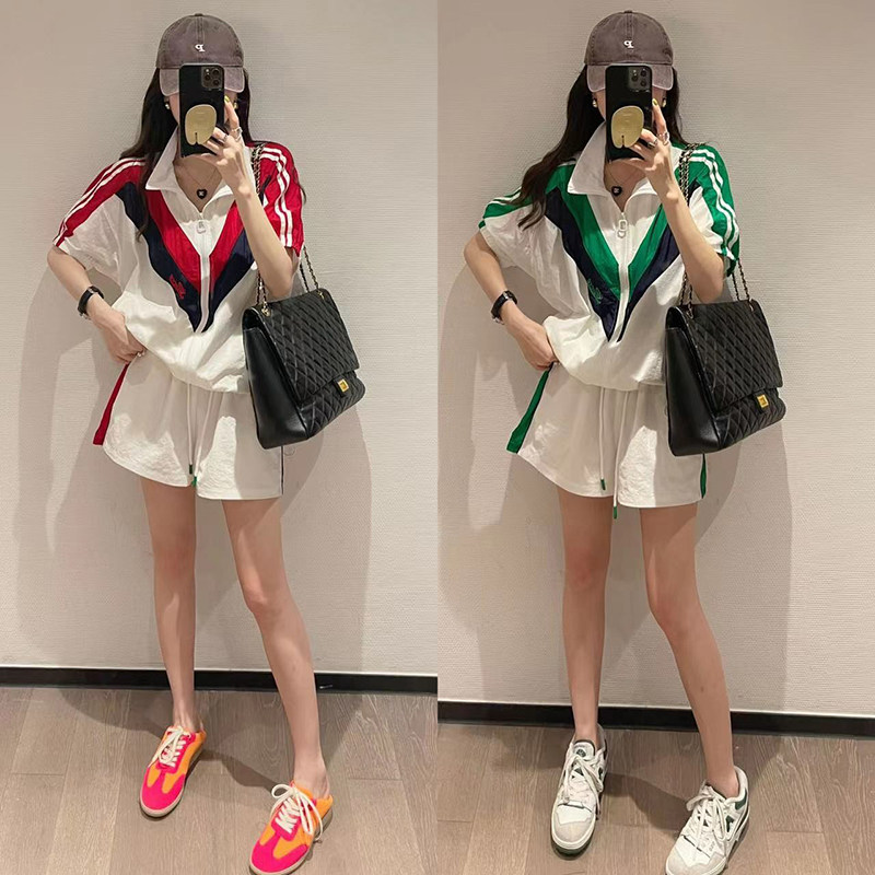 短裤套装女欧洲站2022夏新款欧货防晒薄款外套宽松撞色洋气两件套