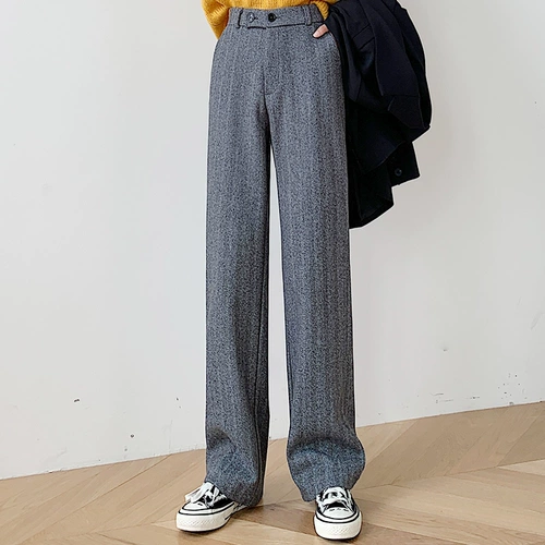 Шерстяные демисезонные длинные штаны, пиджак классического кроя, свободный прямой крой, высокая талия