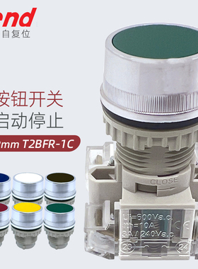 22mm按钮开关TEND天得平头T2BFR-1C绿色红圆形按键启动停止自复位