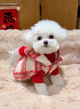 狗狗新年衣服披风加绒斗篷猫咪拜年服小型犬泰迪喜庆红色条纹毛呢