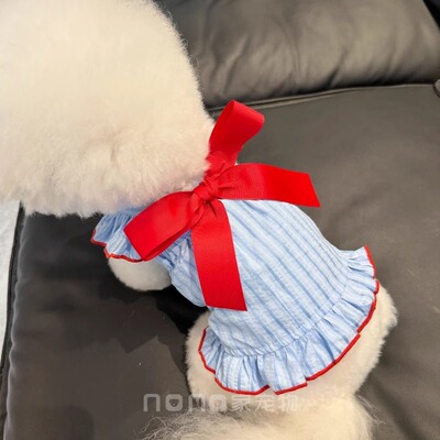 小狗狗衣服夏季薄款条纹大蝴蝶结飞袖吊带裙宠物比熊泰迪猫咪衣服