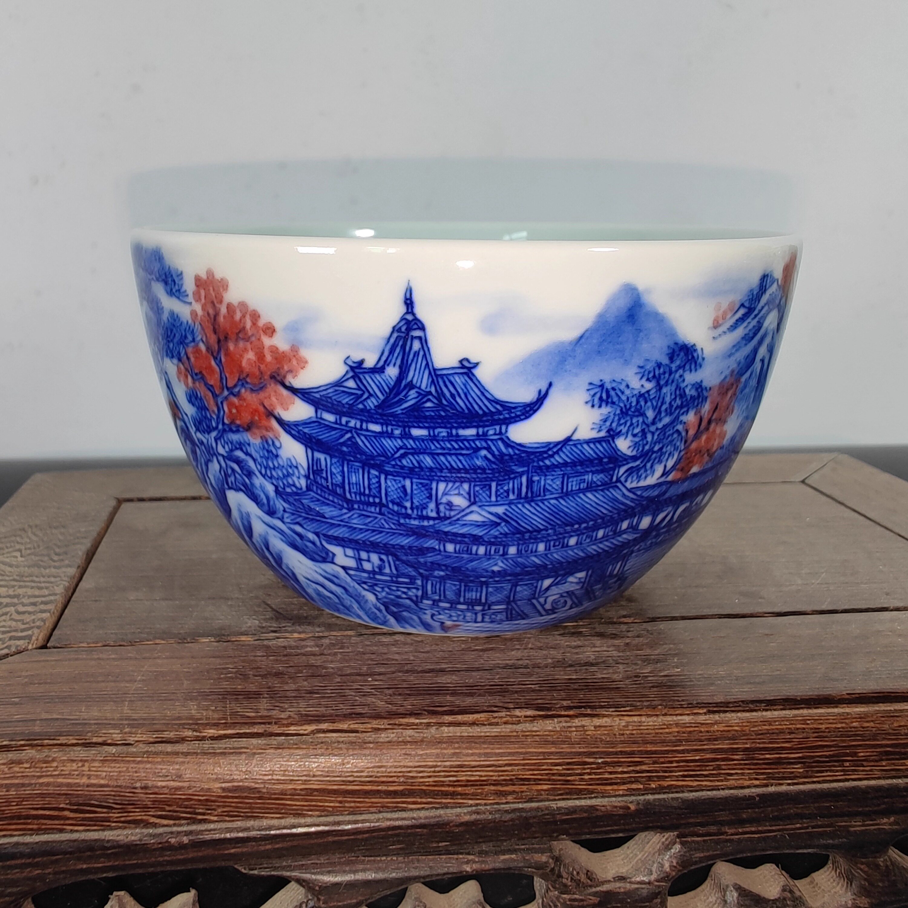 景德镇柴窑青花釉里红阿房宫霸王杯手拉胚手绘山水主人杯普洱茶杯