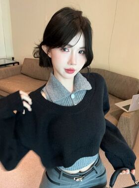学院风Polo领毛衣女秋冬针织衫短款上衣叠穿吊带背心两件套百搭