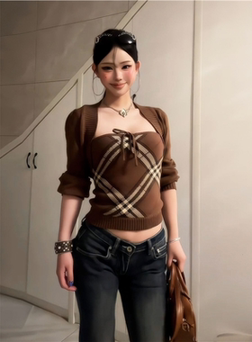 爆款穿搭格纹抹胸女早秋披肩外套开衫上衣两件套潮