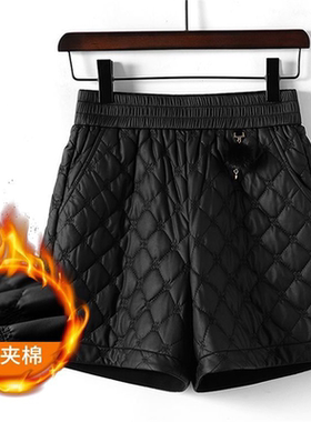中式黑色夹棉皮短裤女秋冬2025新款时尚高腰百搭休闲显瘦阔腿裤子